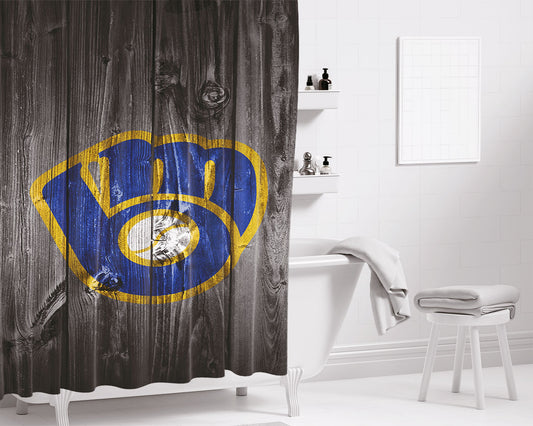 Personalized New Milwaukee Brewers Mlb Logo Dark Wood Wallpaper Shower Curtain Farmhouse Bathroom Decor