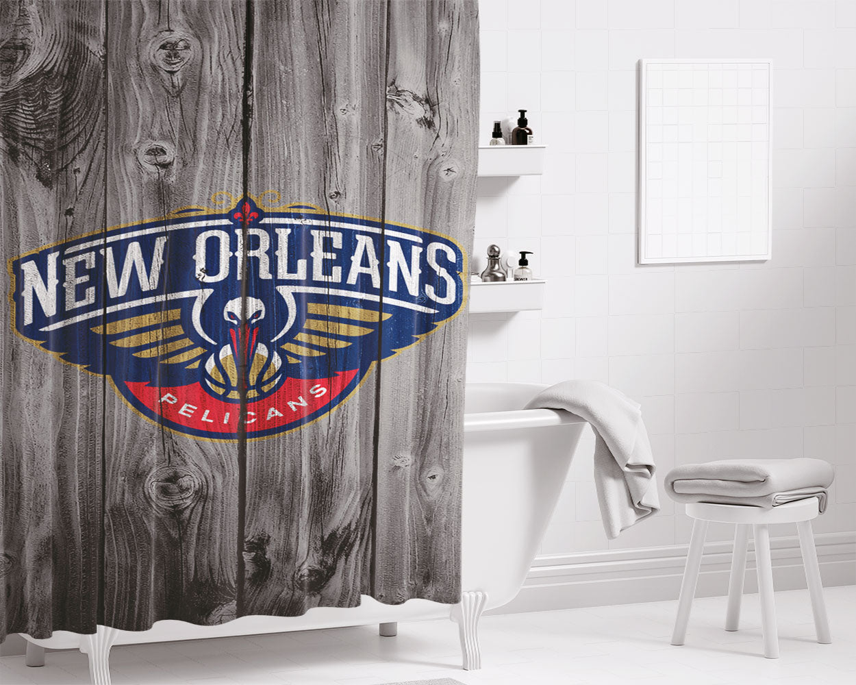 New Orleans Pelican Nba Logo Dark Wood Wallpaper Bathroom Shower Curtain Fabric Waterproof | 66 X 72 Inch