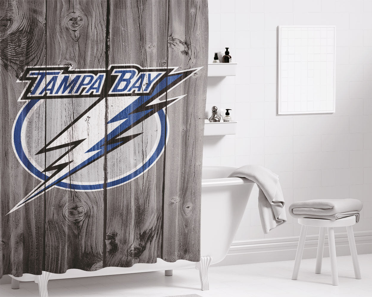 New Tampa Bay Lightning Nhl Logo Dark Wood Bathroom Shower Curtain Fabric Waterproof | 66 X 72 Inch