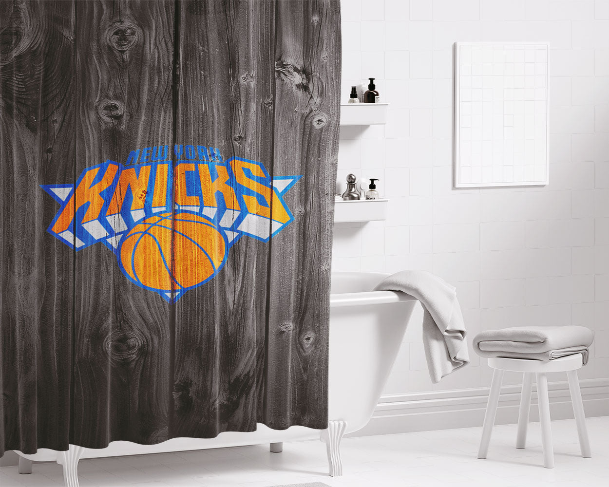 New York Knicks Nba Logo Dark Wood Wallpaper Bathroom Shower Curtain Fabric Waterproof | 66 X 72 Inch