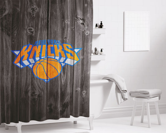 Personalized New York Knicks Nba Logo Dark Wood Wallpaper Shower Curtain Farmhouse Bathroom Decor