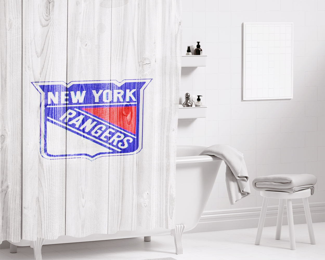 New York Rangers Nhl Logo White Wood Wallpaper Bathroom Shower Curtain Fabric Waterproof | 66 X 72 Inch