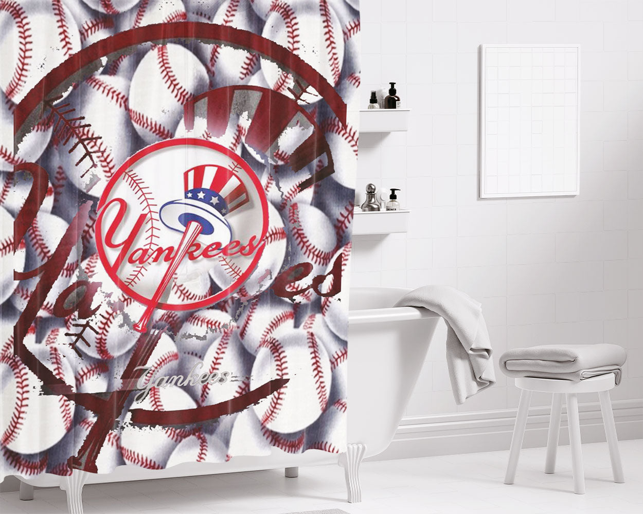 New York Yankees 4 Bathroom Shower Curtain Fabric Waterproof | 66 X 72 Inch