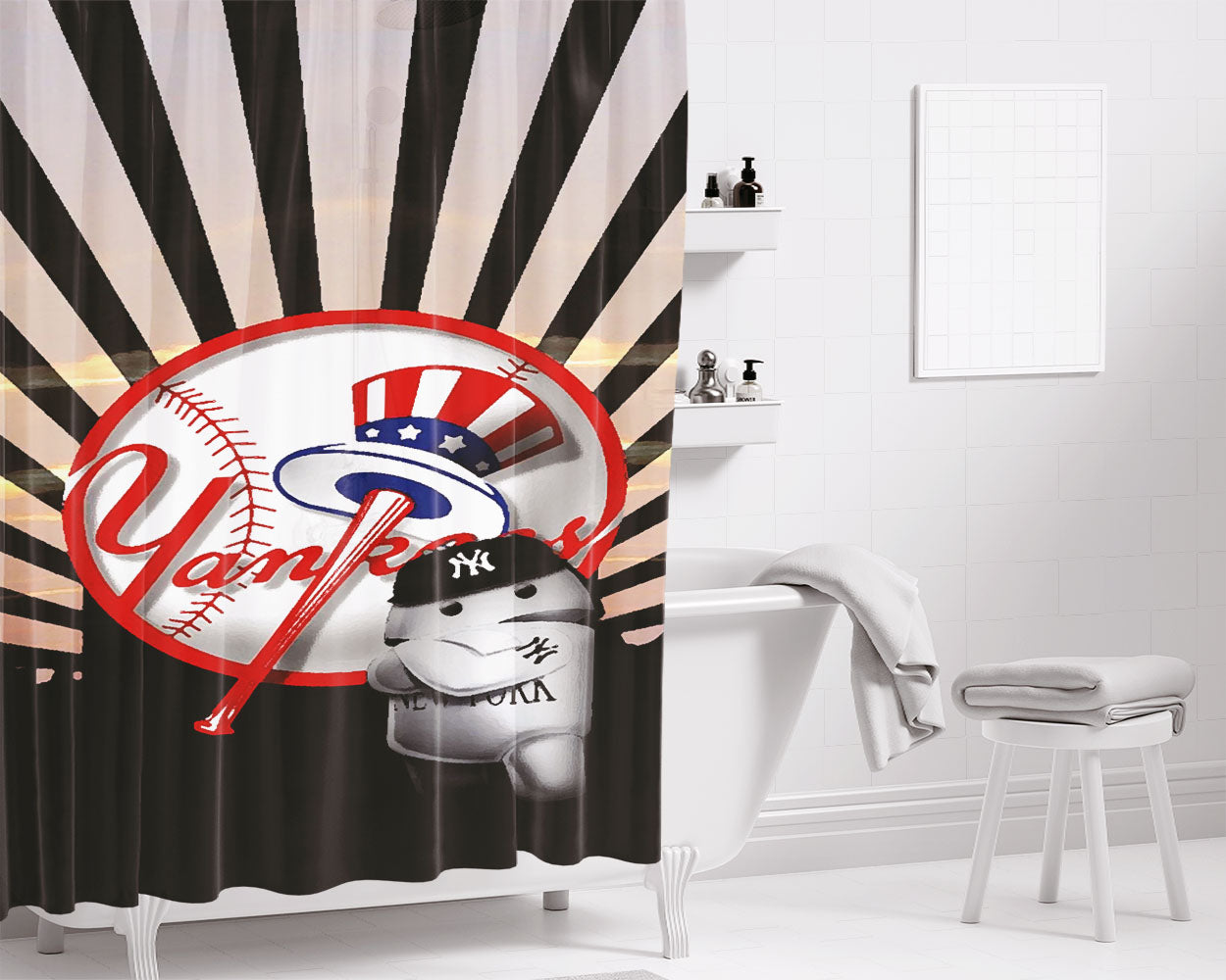 New York Yankees Baseball Baymax Bathroom Shower Curtain Fabric Waterproof | 66 X 72 Inch