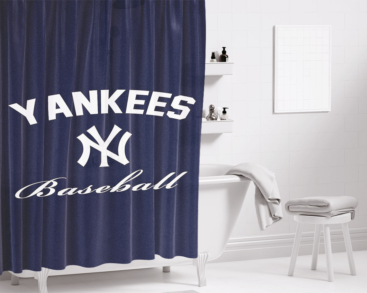 New York Yankees Blue Bathroom Shower Curtain Fabric Waterproof | 66 X 72 Inch