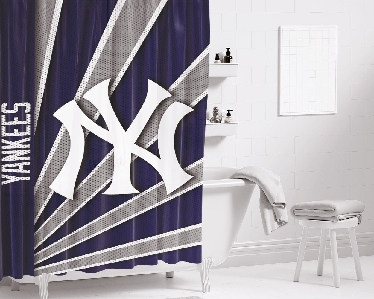 New York Yankees Classic Stripe Wallpaper Bathroom Shower Curtain Fabric Waterproof | 66 X 72 Inch