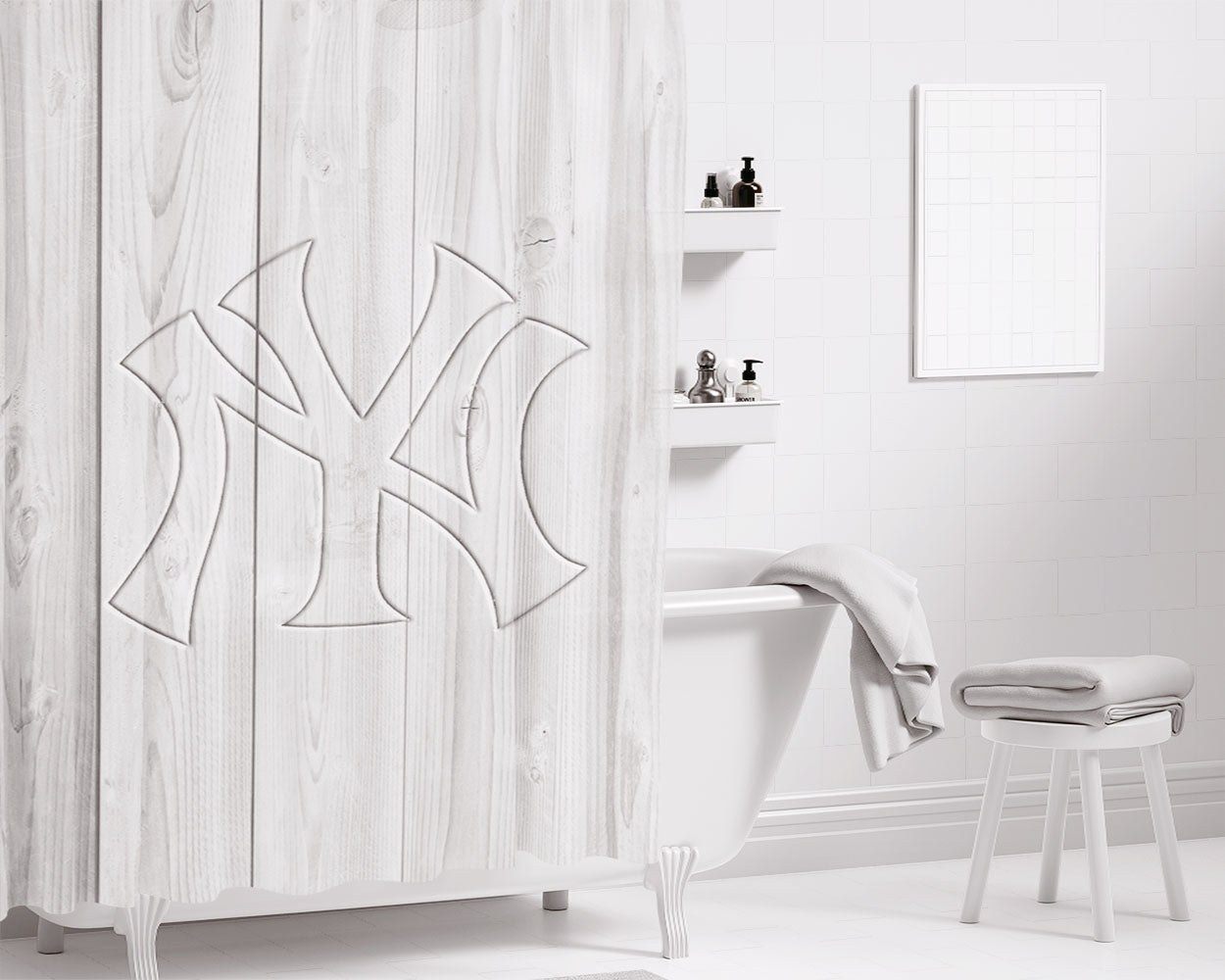 New York Yankees Embossed Logo Wood Wallpaper Bathroom Shower Curtain Fabric Waterproof | 66 X 72 Inch