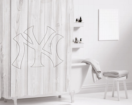 Personalized New York Yankees Embossed Logo Wood Wallpaper Shower Curtain Farmhouse Bathroom Decor