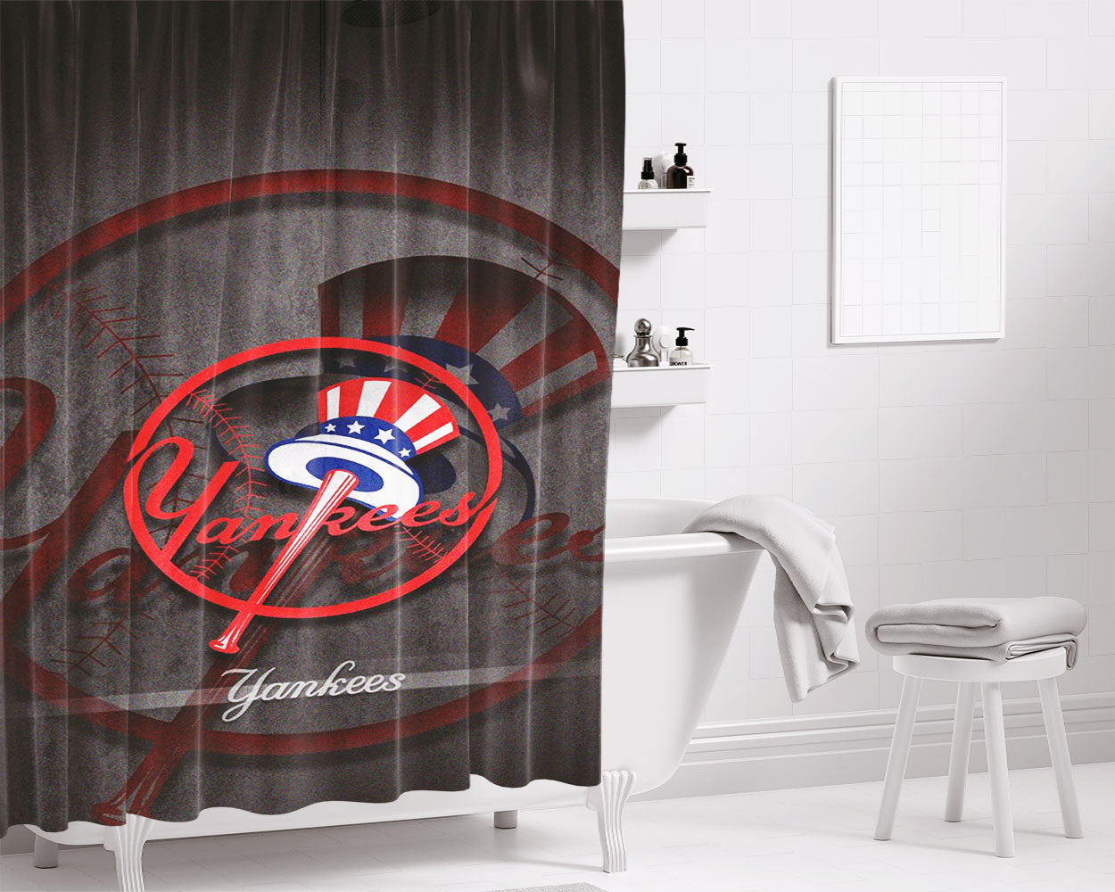 New York Yankees Logo Art Bathroom Shower Curtain Fabric Waterproof | 66 X 72 Inch