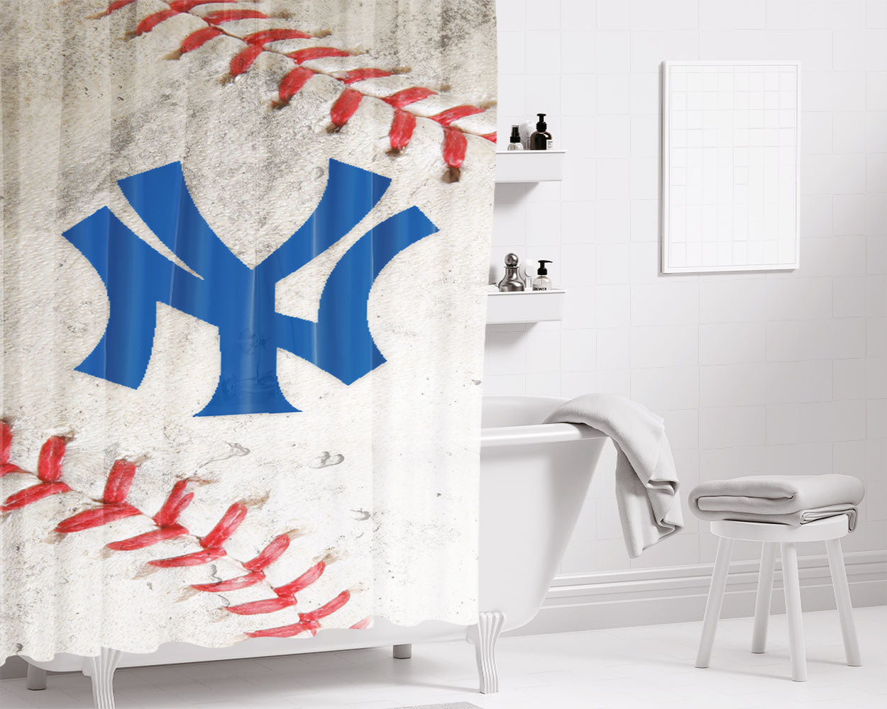 New York Yankees Logo Baseball Ball Bathroom Shower Curtain Fabric Waterproof | 66 X 72 Inch