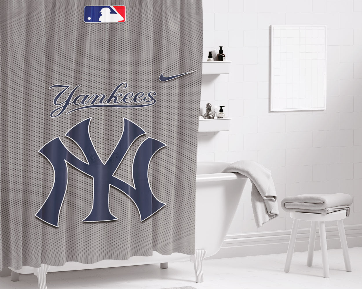 New York Yankees Logo Mlb Bathroom Shower Curtain Fabric Waterproof | 66 X 72 Inch