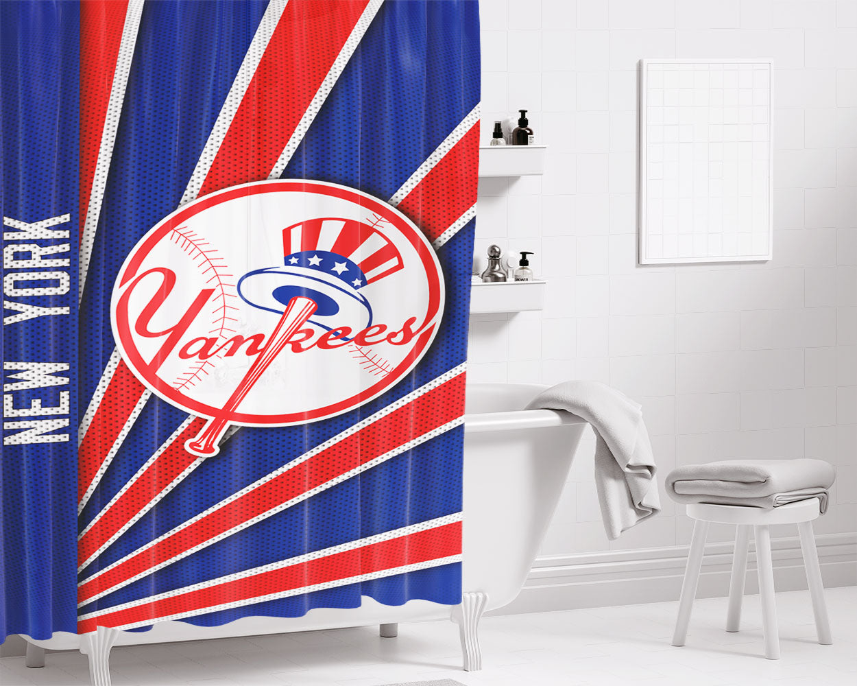 New York Yankees Stripe Wallpaper Bathroom Shower Curtain Fabric Waterproof | 66 X 72 Inch