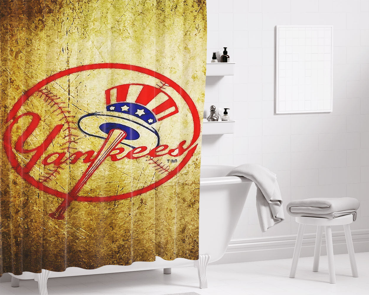 New York Yankees Vintage Art Bathroom Shower Curtain Fabric Waterproof | 66 X 72 Inch