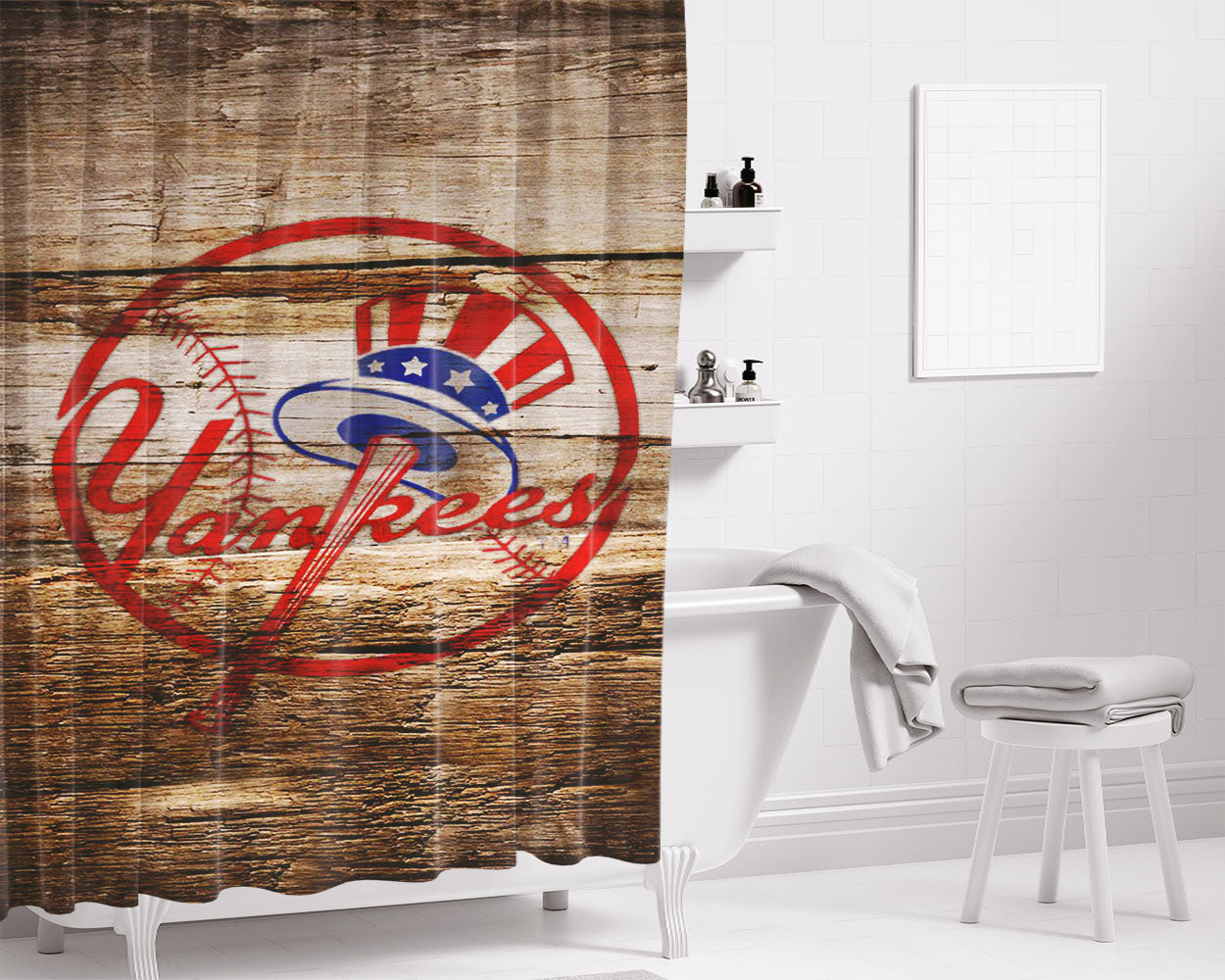 New York Yankees Wood Bathroom Shower Curtain Fabric Waterproof | 66 X 72 Inch