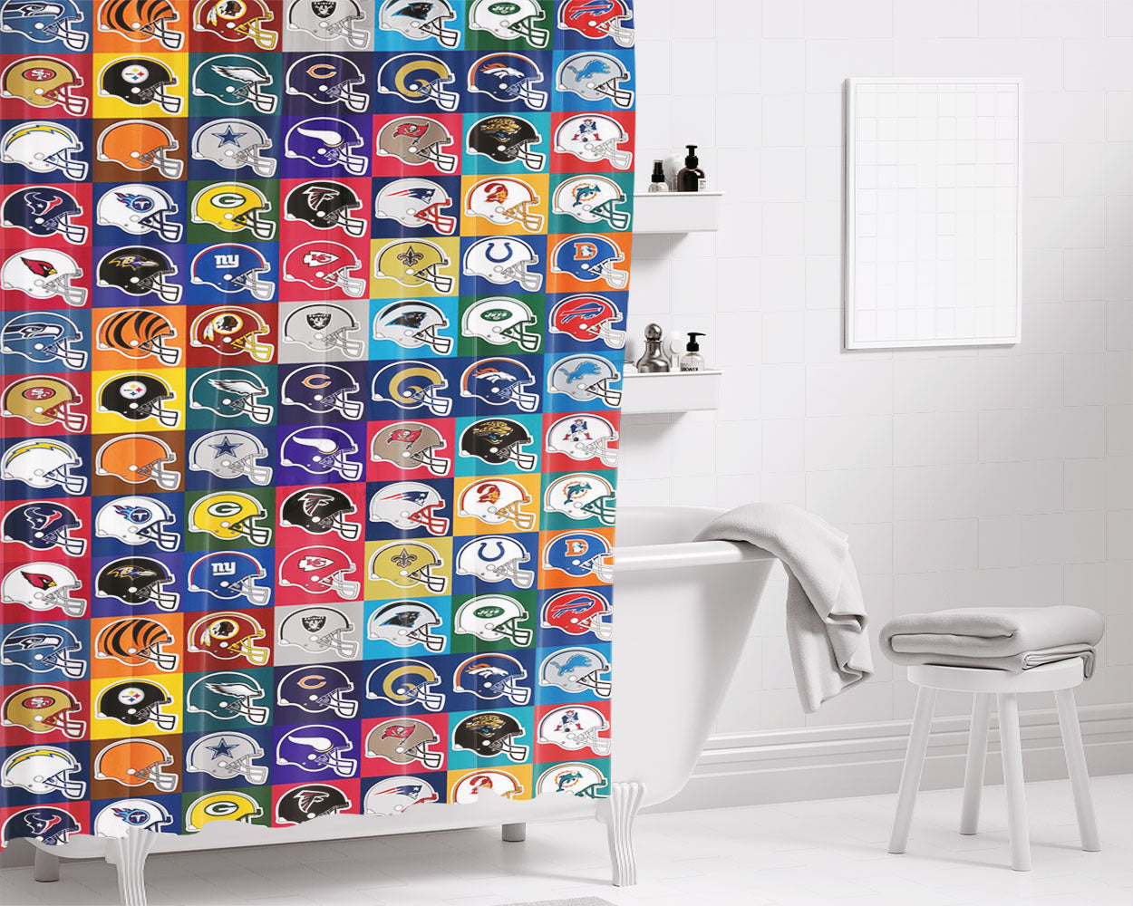 Nfl Helmet Logos Collection Bathroom Shower Curtain Fabric Waterproof | 66 X 72 Inch