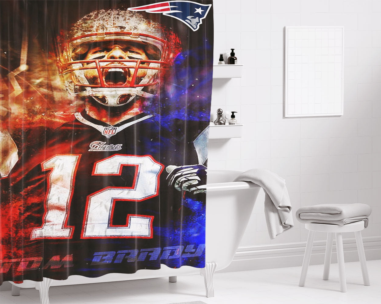Nfl Patriots 12 Tom Brady Bathroom Shower Curtain Fabric Waterproof | 66 X 72 Inch
