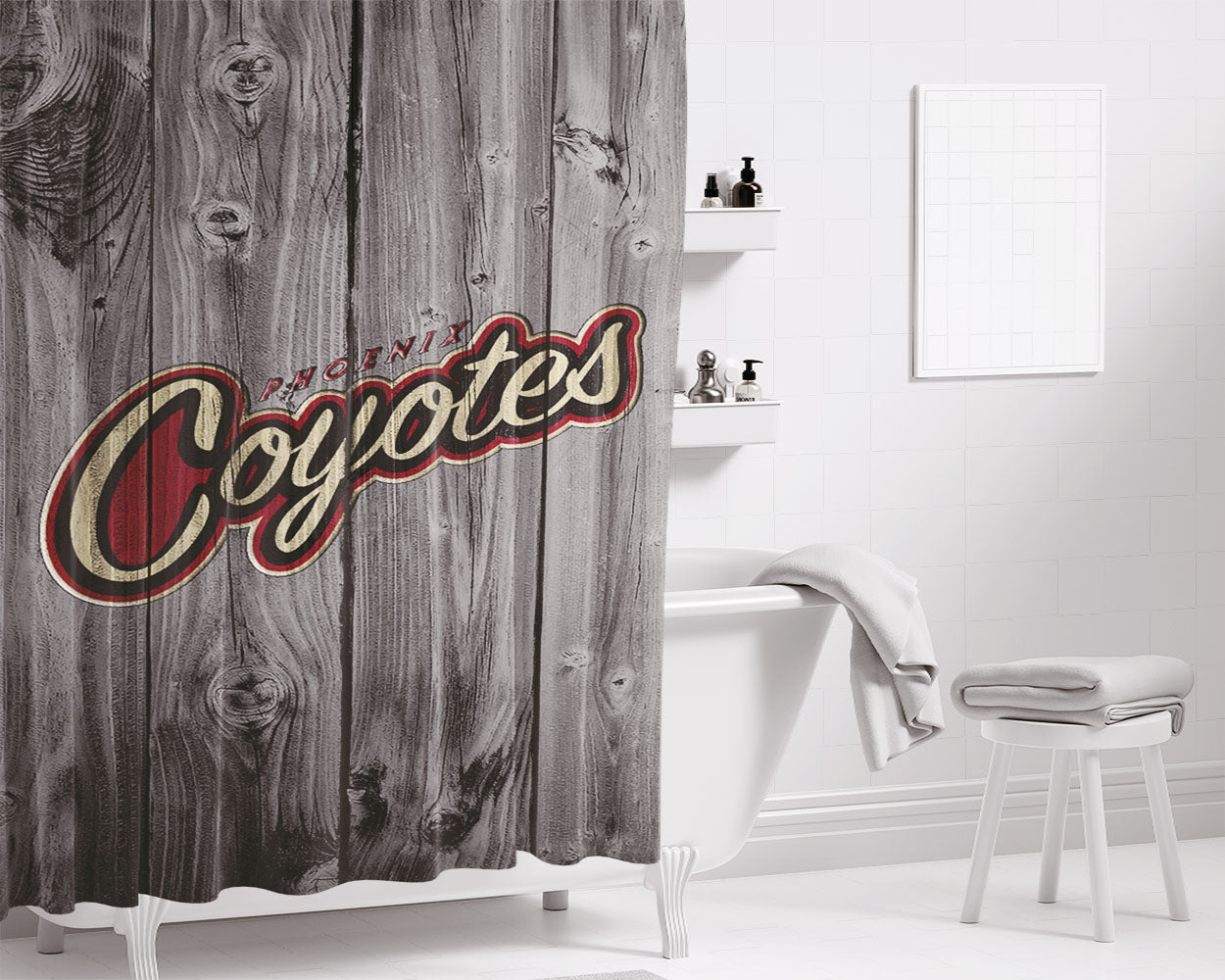 Nhl Arizona Coyotes Logo Dark Wood Wallpaper Bathroom Shower Curtain Fabric Waterproof | 66 X 72 Inch