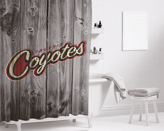 Personalized Nhl Arizona Coyotes Logo Dark Wood Wallpaper Shower Curtain Farmhouse Bathroom Decor