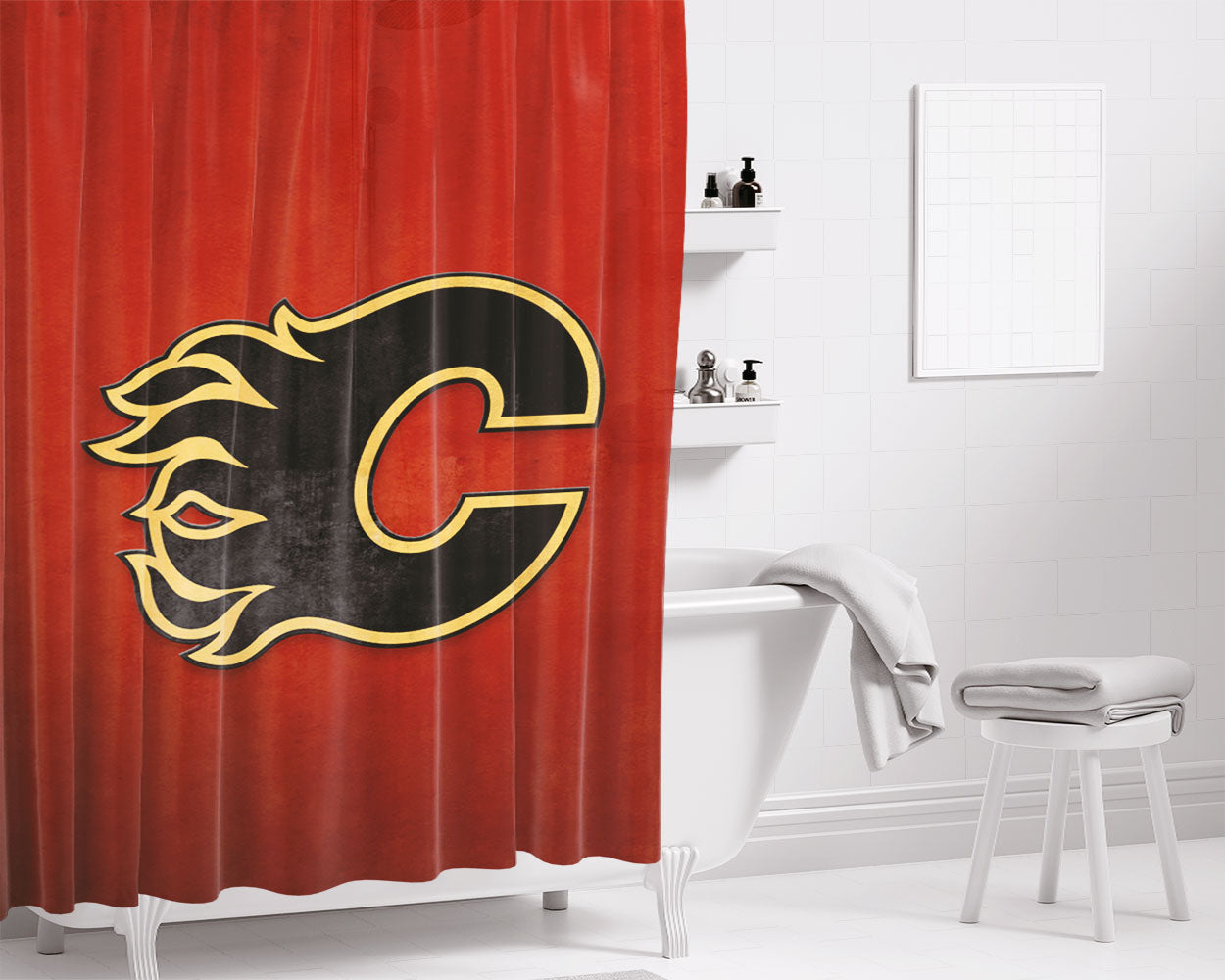Nhl Calgary Flames Sport Logo Bathroom Shower Curtain Fabric Waterproof | 66 X 72 Inch