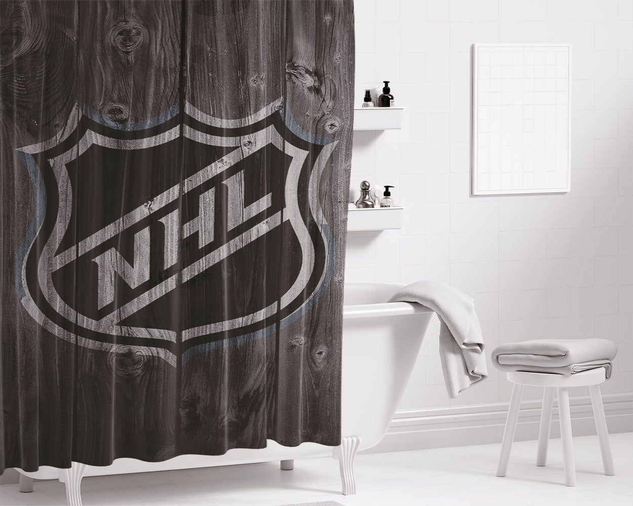 Nhl Hockey Logo Dark Wood Wallpaper Bathroom Shower Curtain Fabric Waterproof | 66 X 72 Inch
