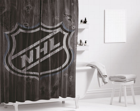 Personalized Nhl Hockey Logo Dark Wood Wallpaper Shower Curtain Farmhouse Bathroom Decor