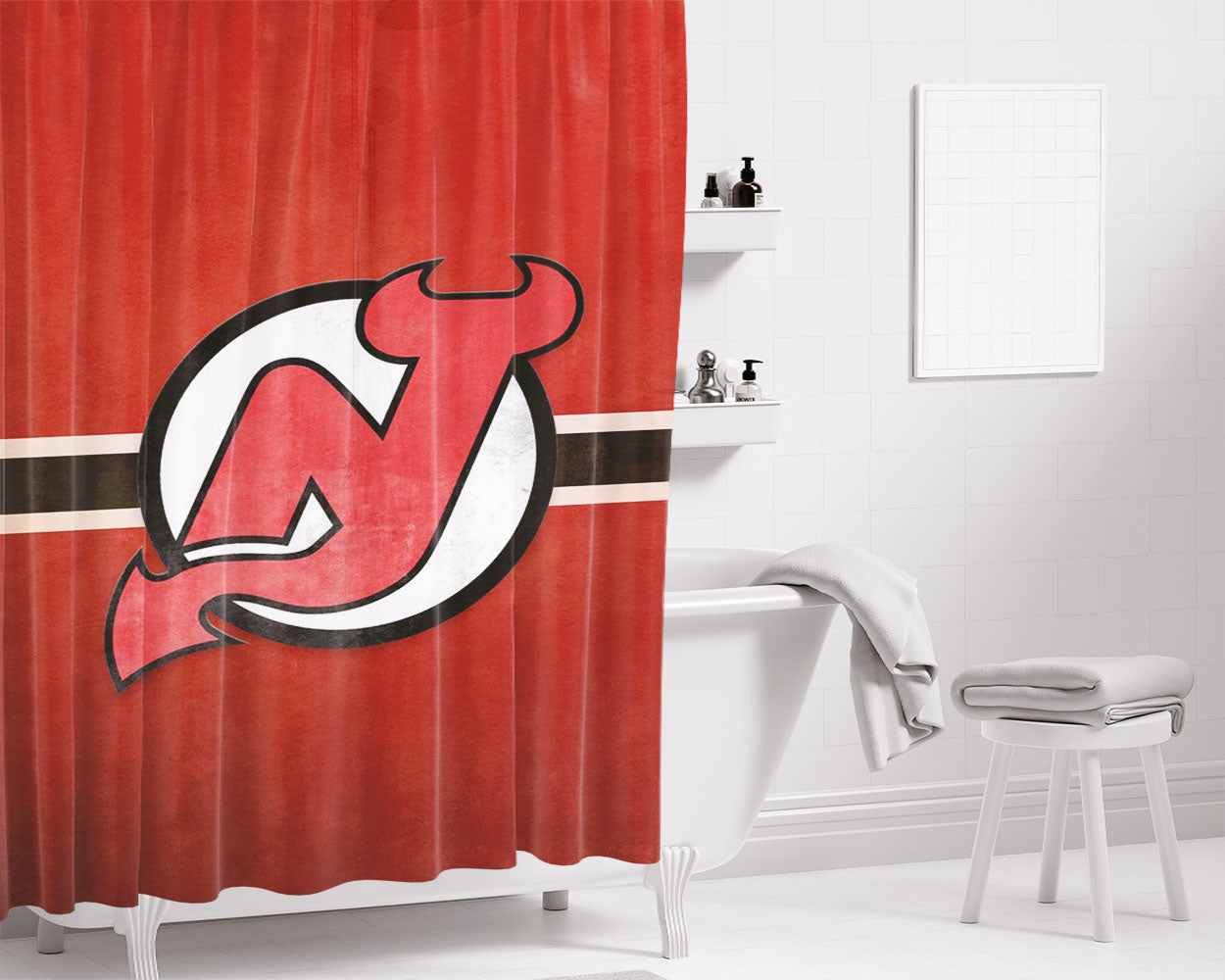 Nhl New Jersey Devils Sport Logo Bathroom Shower Curtain Fabric Waterproof | 66 X 72 Inch