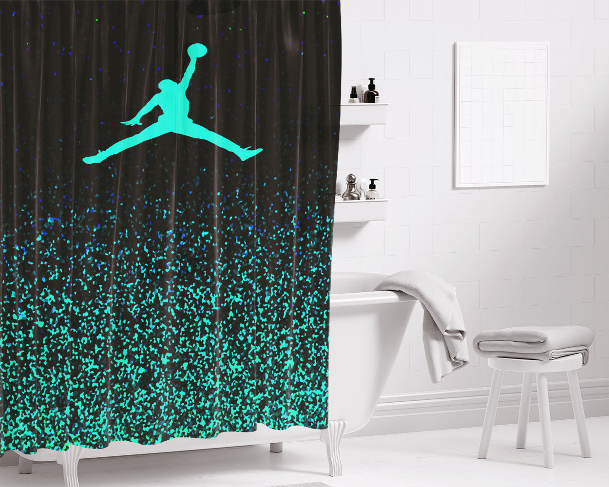 Nike Air Jordan Jump Mint Glitter Bathroom Shower Curtain Fabric Waterproof | 66 X 72 Inch
