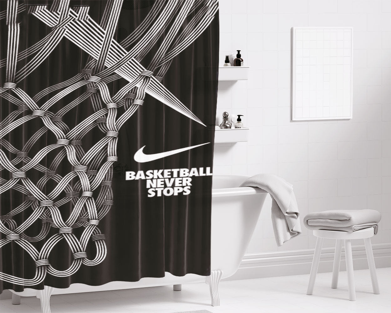 Nike Basketball Never Stops Art Bathroom Shower Curtain Fabric Waterproof | 66 X 72 Inch