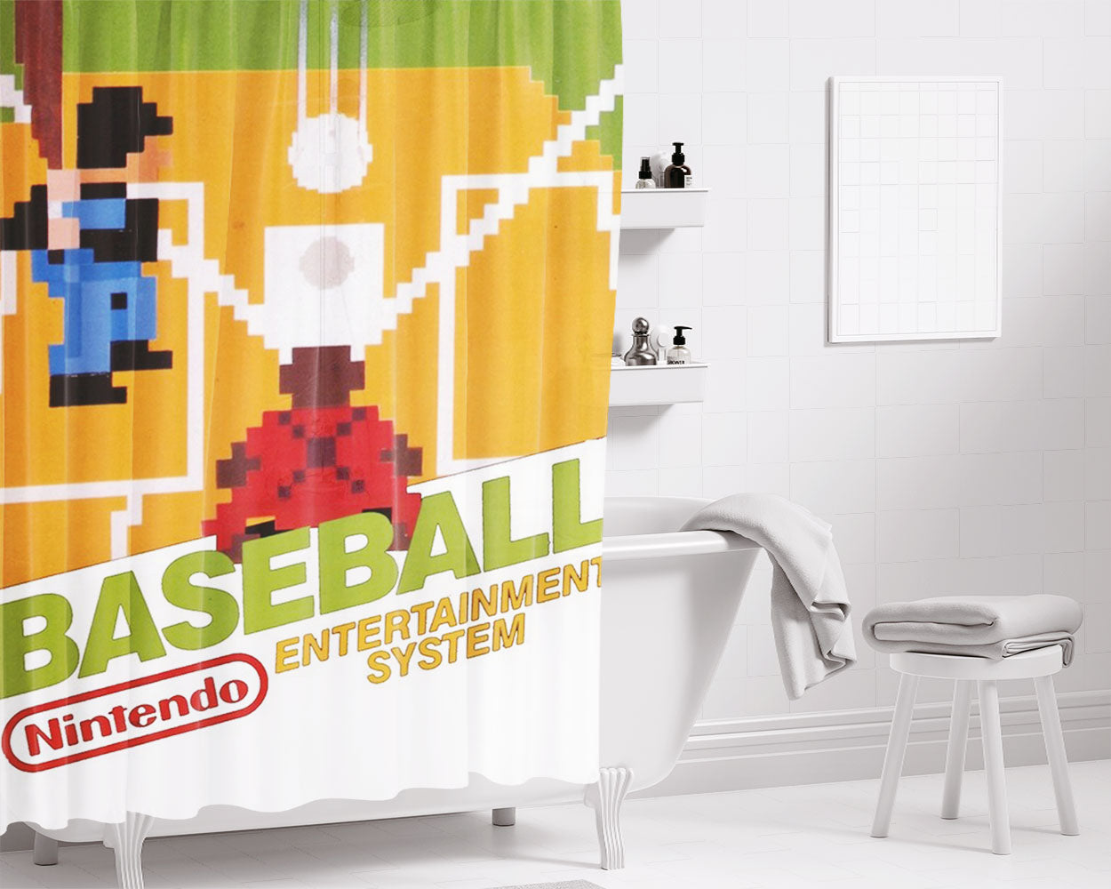 Nintendo Old Baseball Game Bathroom Shower Curtain Fabric Waterproof | 66 X 72 Inch