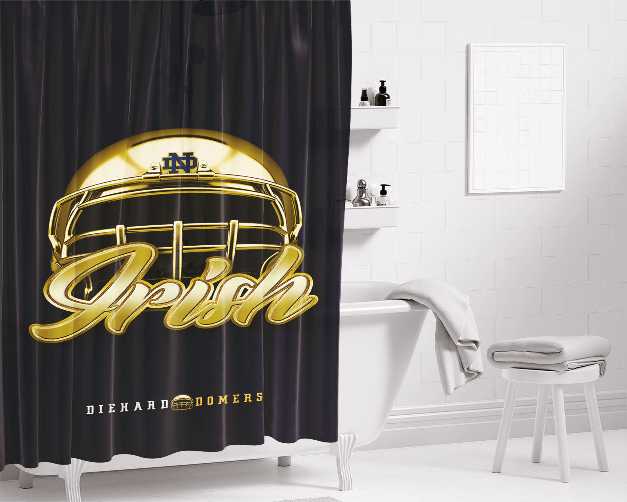 Notre Dame Fighting Irish Diehard Domers Golden Helmet Art Bathroom Shower Curtain Fabric Waterproof | 66 X 72 Inch