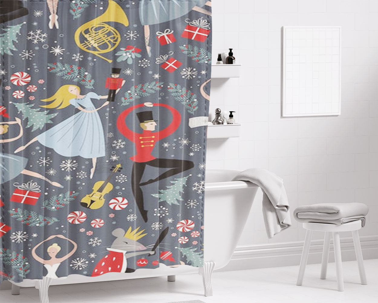 Nutcracker Ballet Pattern - Christmas Bathroom Shower Curtain Fabric Waterproof | 66 X 72 Inch
