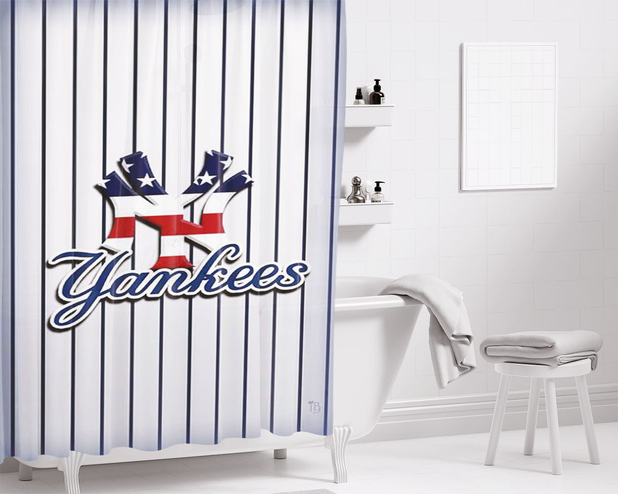 Ny New York Yankees Bathroom Shower Curtain Fabric Waterproof | 66 X 72 Inch