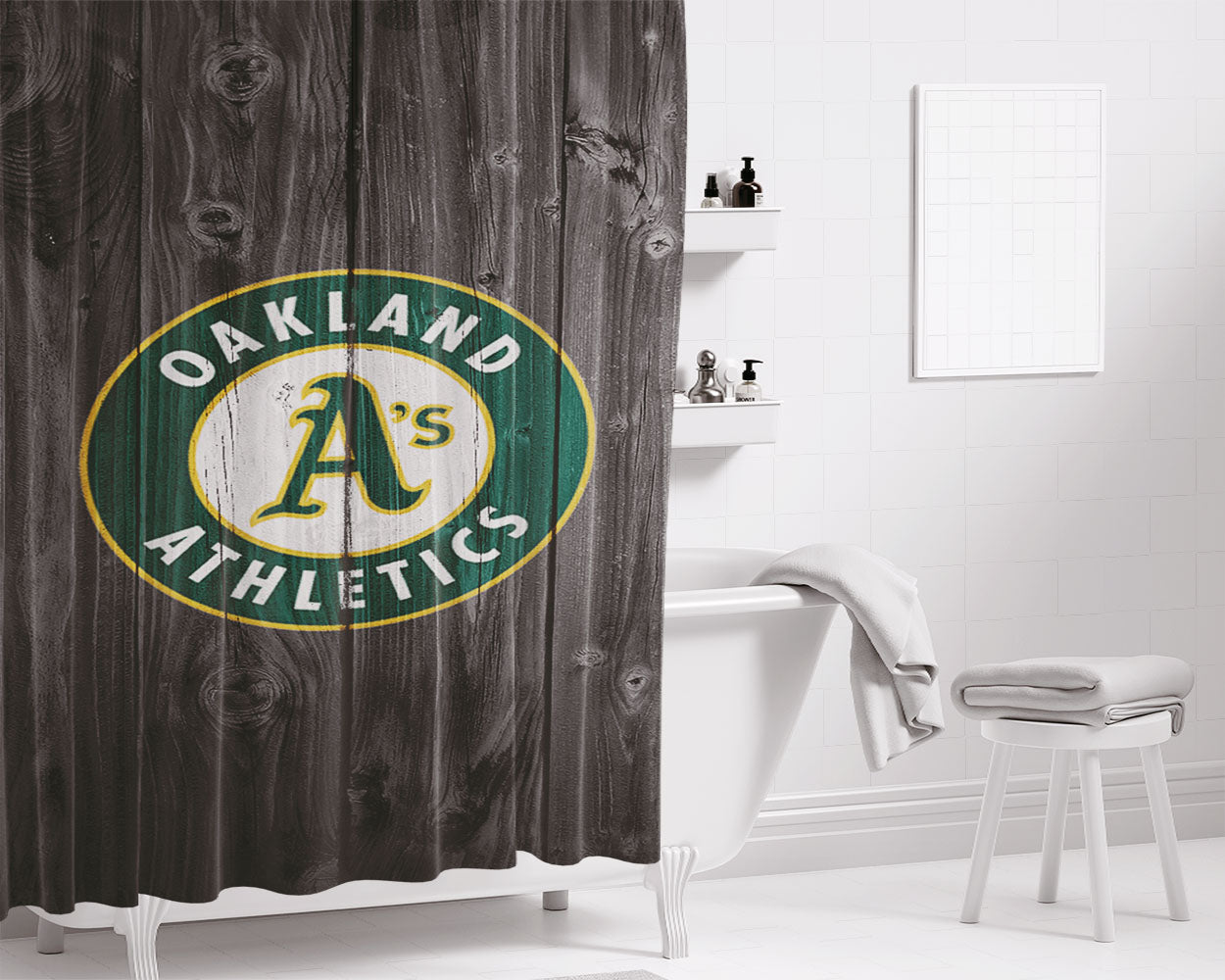 Oakland Athletics Logo Dark Wood Wallpaper Bathroom Shower Curtain Fabric Waterproof | 66 X 72 Inch