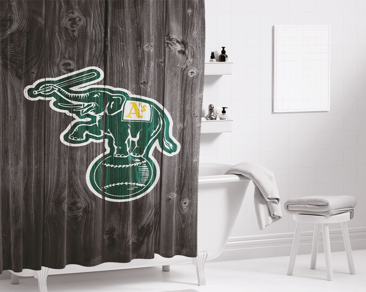 Oakland Athletics Mlb Logo Dark Wood Wallpaper Bathroom Shower Curtain Fabric Waterproof | 66 X 72 Inch