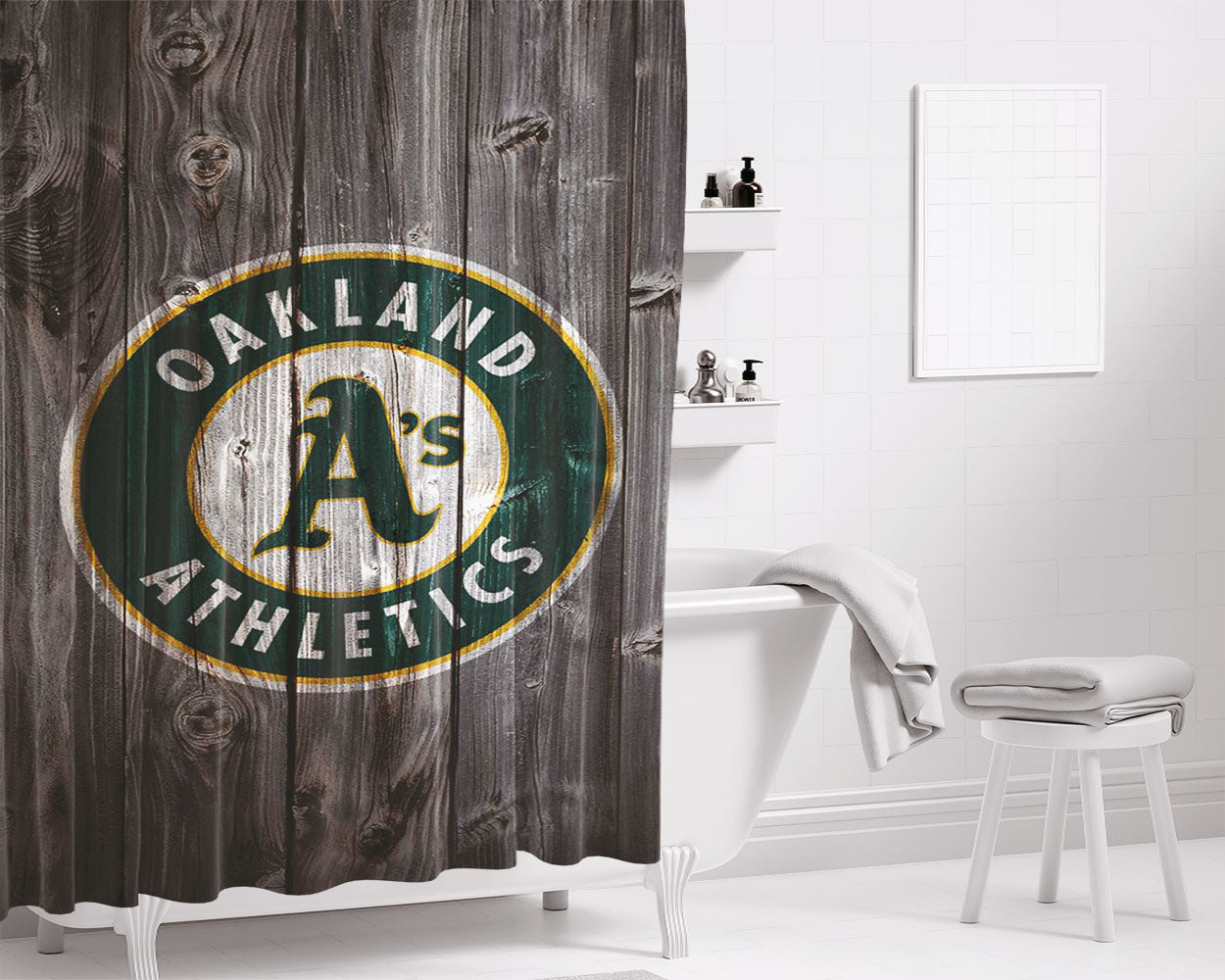 Oakland Athletics Nba Dark Wood Wallpaper Bathroom Shower Curtain Fabric Waterproof | 66 X 72 Inch