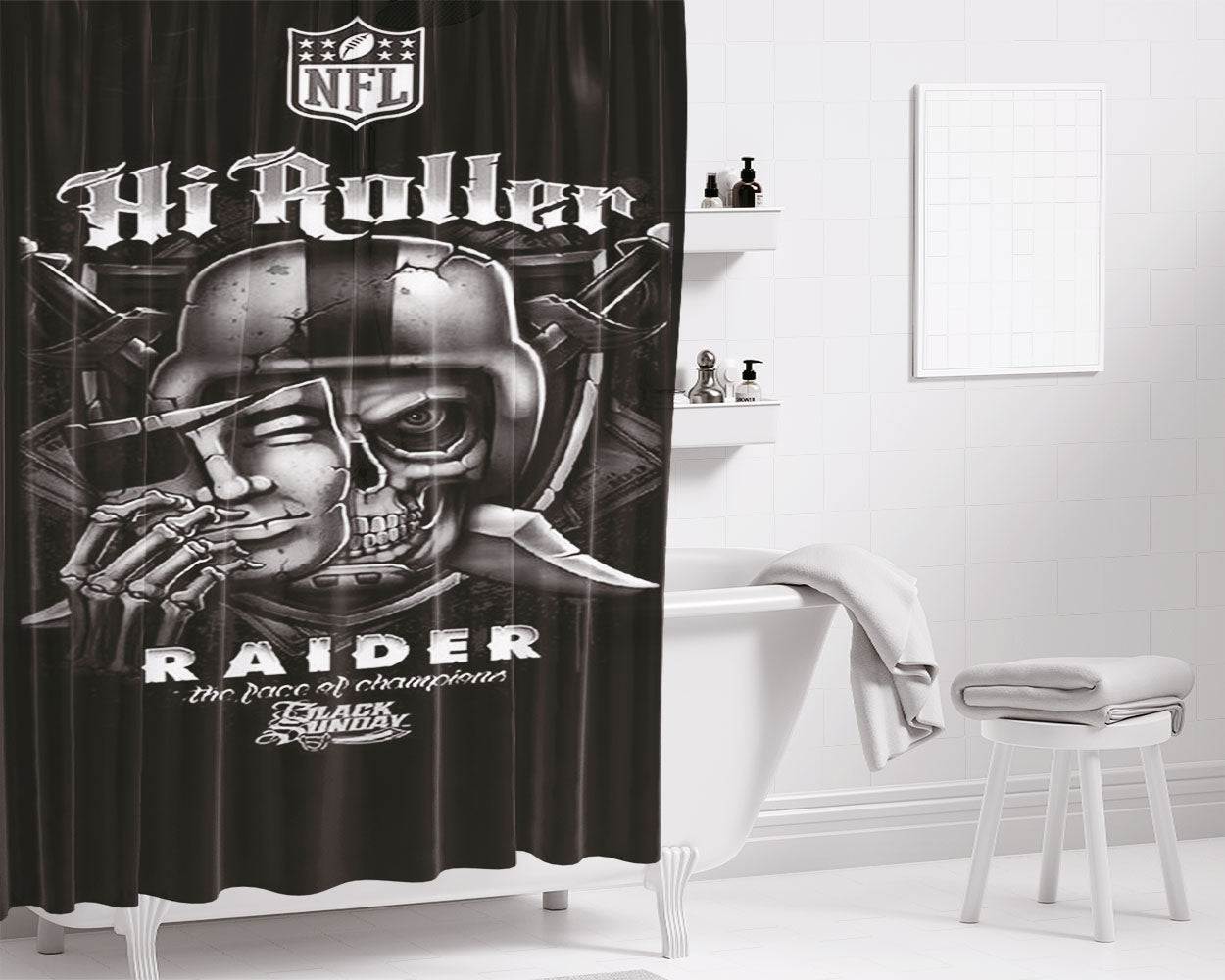 Oakland Raiders Black Sunday Nfl Bathroom Shower Curtain Fabric Waterproof | 66 X 72 Inch