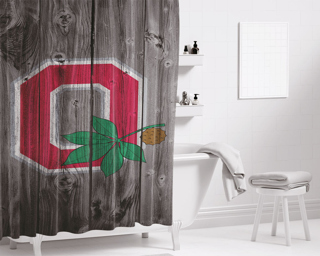 Ohio State Logo Dark Wood Wallpaper Bathroom Shower Curtain Fabric Waterproof | 66 X 72 Inch
