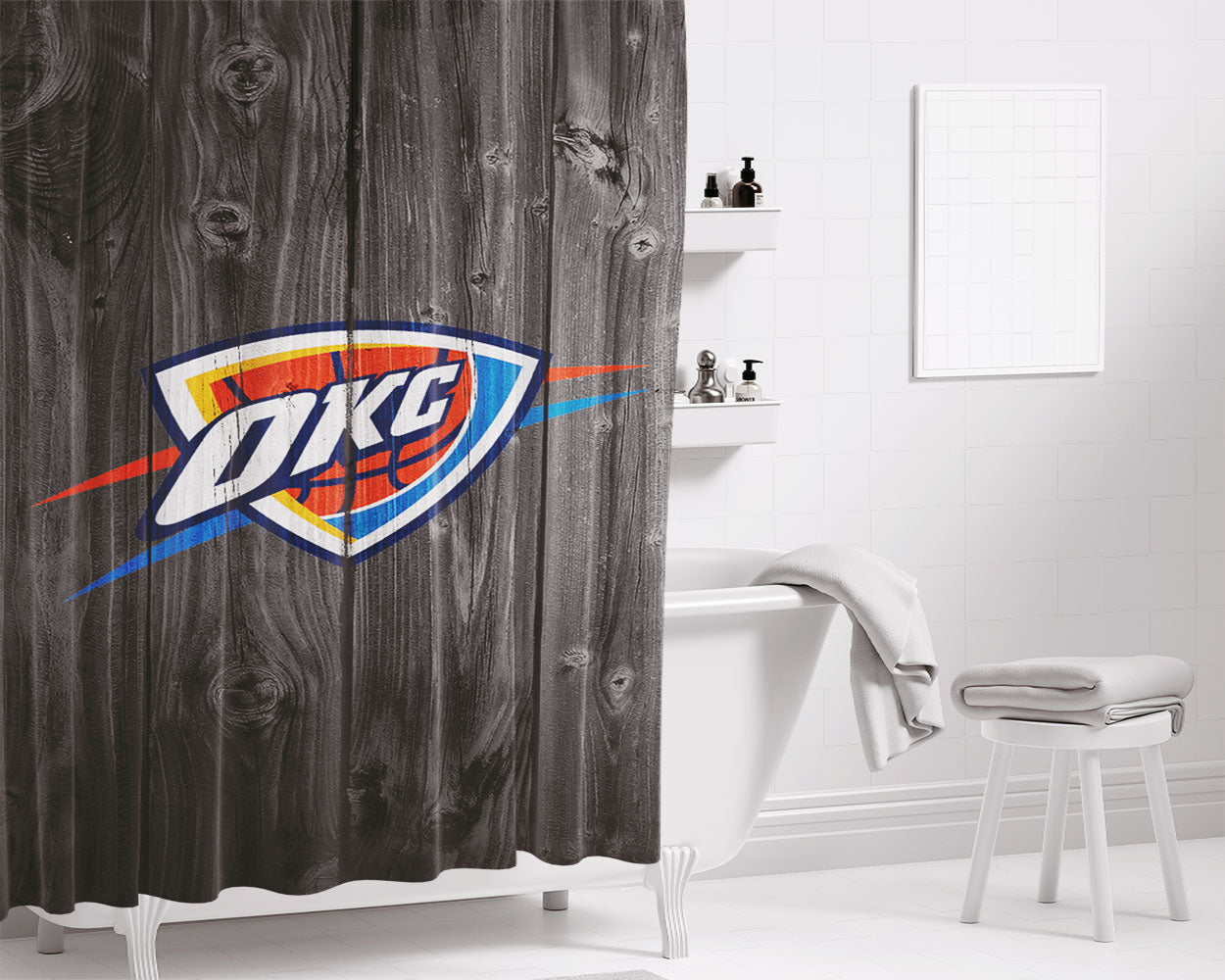 Oklahoma City Thunder Nba Logo Dark Wood Wallpaper Bathroom Shower Curtain Fabric Waterproof | 66 X 72 Inch