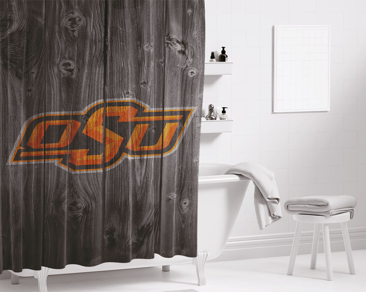 Oklahoma State University Osu Logo Dark Wood Wallpaper Bathroom Shower Curtain Fabric Waterproof | 66 X 72 Inch
