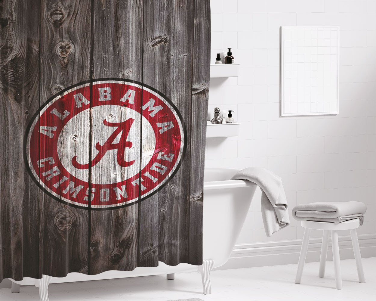 Old Alabama Crimson Tide Nfl Logo Dark Wood Wallpaper Bathroom Shower Curtain Fabric Waterproof | 66 X 72 Inch