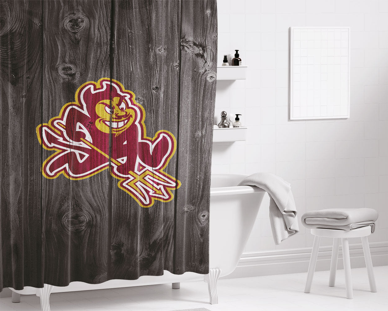 Old Arizona State Sun Devils Nfl Logo Dark Wood Wallpaper Bathroom Shower Curtain Fabric Waterproof | 66 X 72 Inch