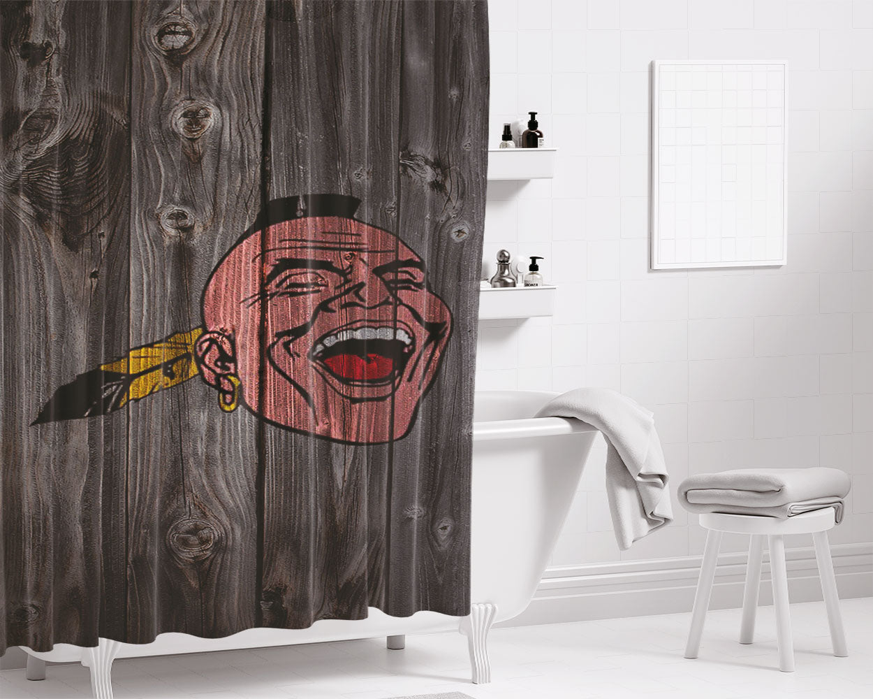 Old Boston Braves Mlb Logo Dark Wood Wallpaper Bathroom Shower Curtain Fabric Waterproof | 66 X 72 Inch