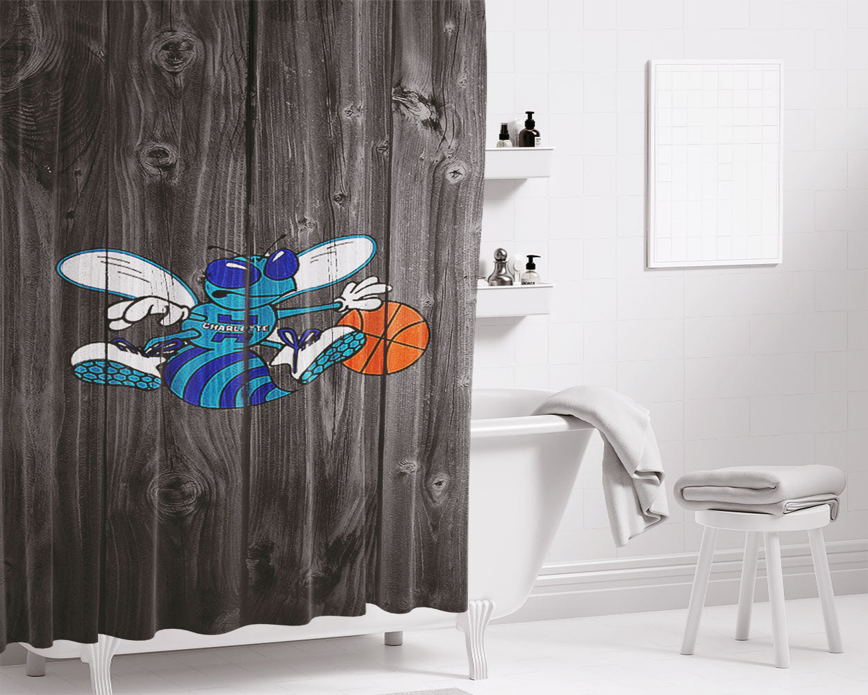 Old Charlotte Hornets Nba Logo Dark Wood Wallpaper Bathroom Shower Curtain Fabric Waterproof | 66 X 72 Inch
