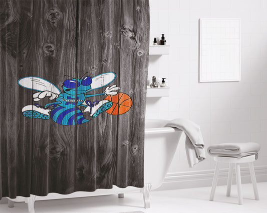 Personalized Old Charlotte Hornets Nba Logo Dark Wood Wallpaper Shower Curtain Farmhouse Bathroom Decor
