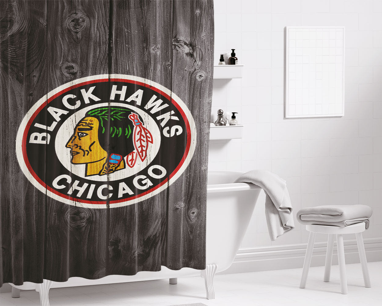 Old Chicago Blackhawks Nhl Logo Dark Wood Wallpaper Bathroom Shower Curtain Fabric Waterproof | 66 X 72 Inch