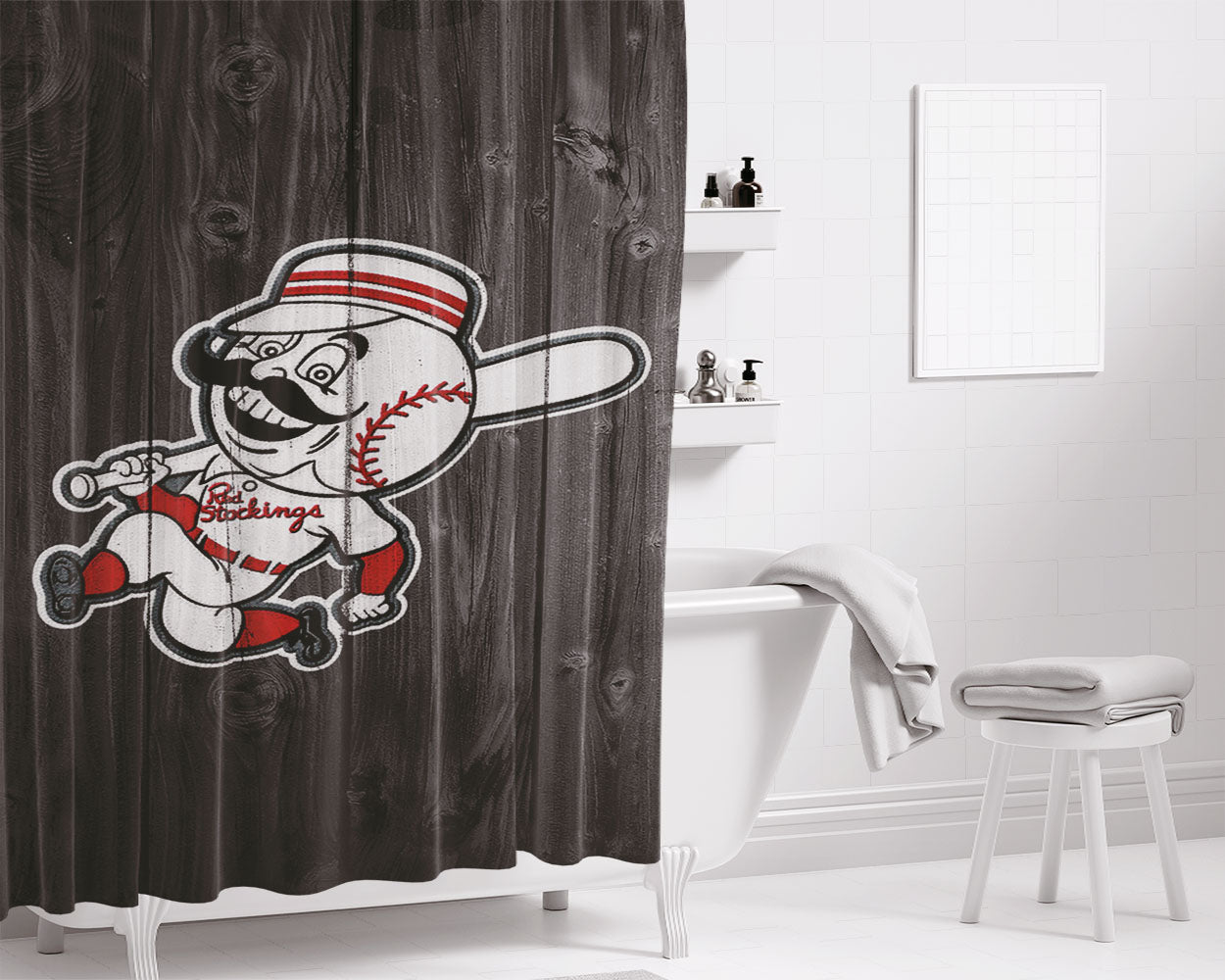 Old Cincinnati Redlegs Mlb Logo Dark Wood Wallpaper Bathroom Shower Curtain Fabric Waterproof | 66 X 72 Inch