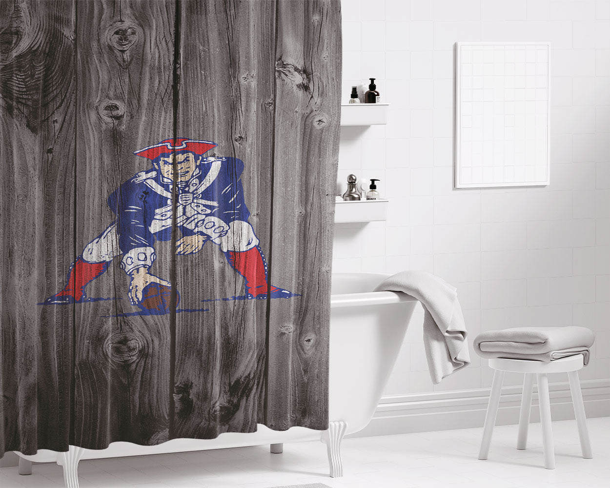 Old England Patriots Nfl Logo Dark Wood Wallpaper Bathroom Shower Curtain Fabric Waterproof | 66 X 72 Inch