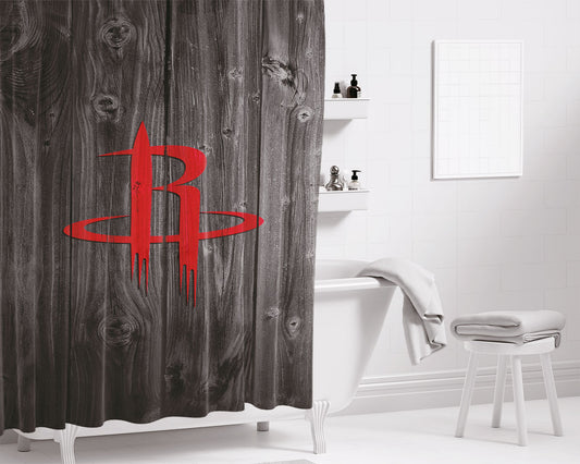 Personalized Old Houston Rockets Logo Dark Wood Wallpaper Shower Curtain Farmhouse Bathroom Decor