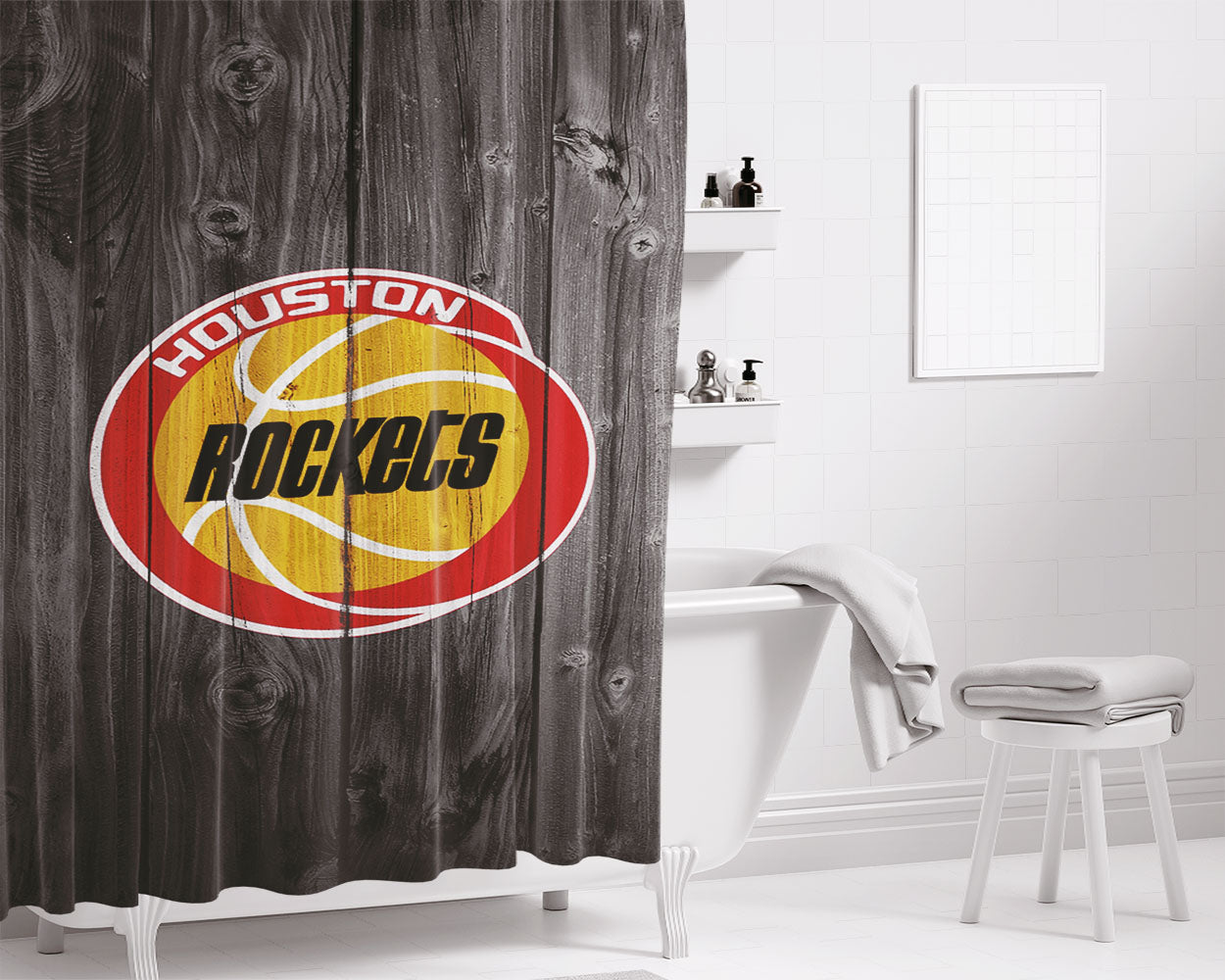 Old Houston Rockets Nba Logo Dark Wood Wallpaper Bathroom Shower Curtain Fabric Waterproof | 66 X 72 Inch