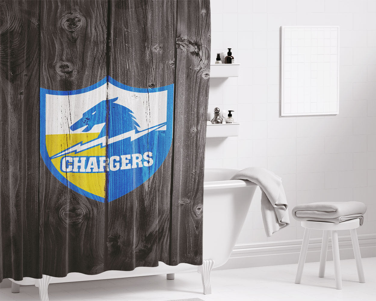 Old Los Angeles Chargers Nfl Logo Dark Wood Wallpaper Bathroom Shower Curtain Fabric Waterproof | 66 X 72 Inch